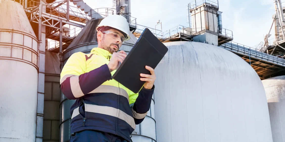 Worker in safety gear at plant